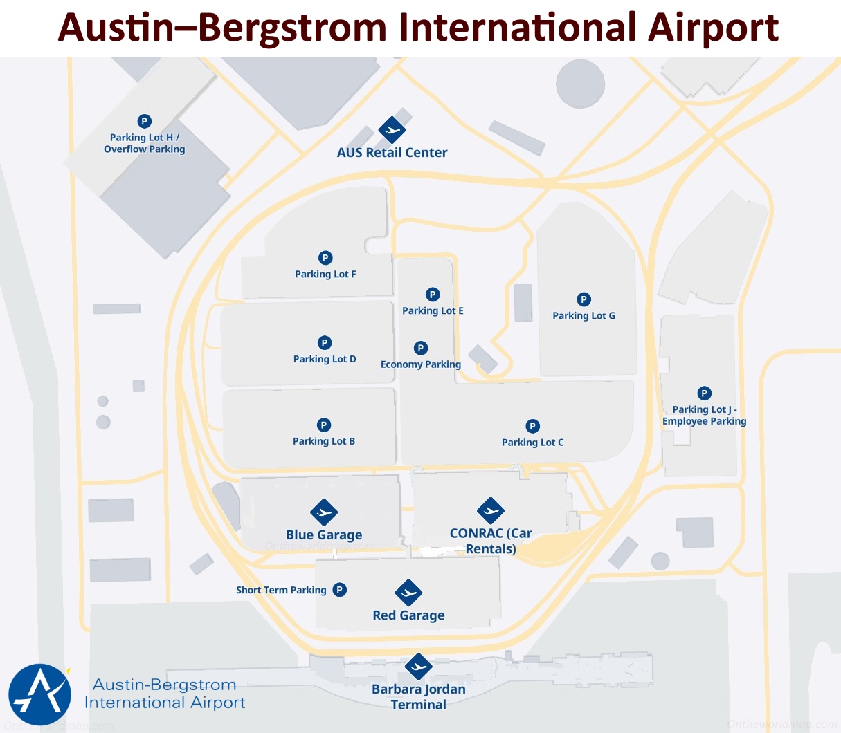 Map of Austin-Bergstrom International Airport parking areas including Red Garage, Blue Garage, Economy Parking, and H Lot Overflow Parking